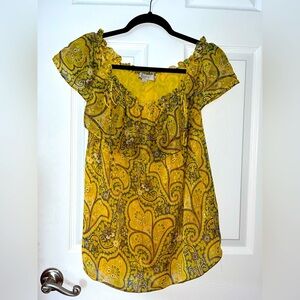 LOFT Yellow Paisley Ruffle Sleeve Blouse size 14